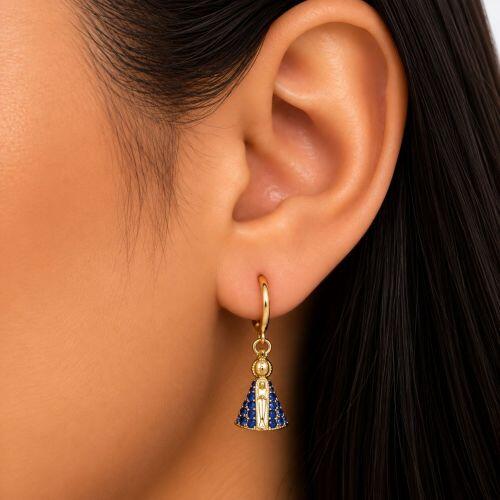 Brinco Argola Nossa Senhora Aparecida Zirc�nia Azul Banhado a Ouro