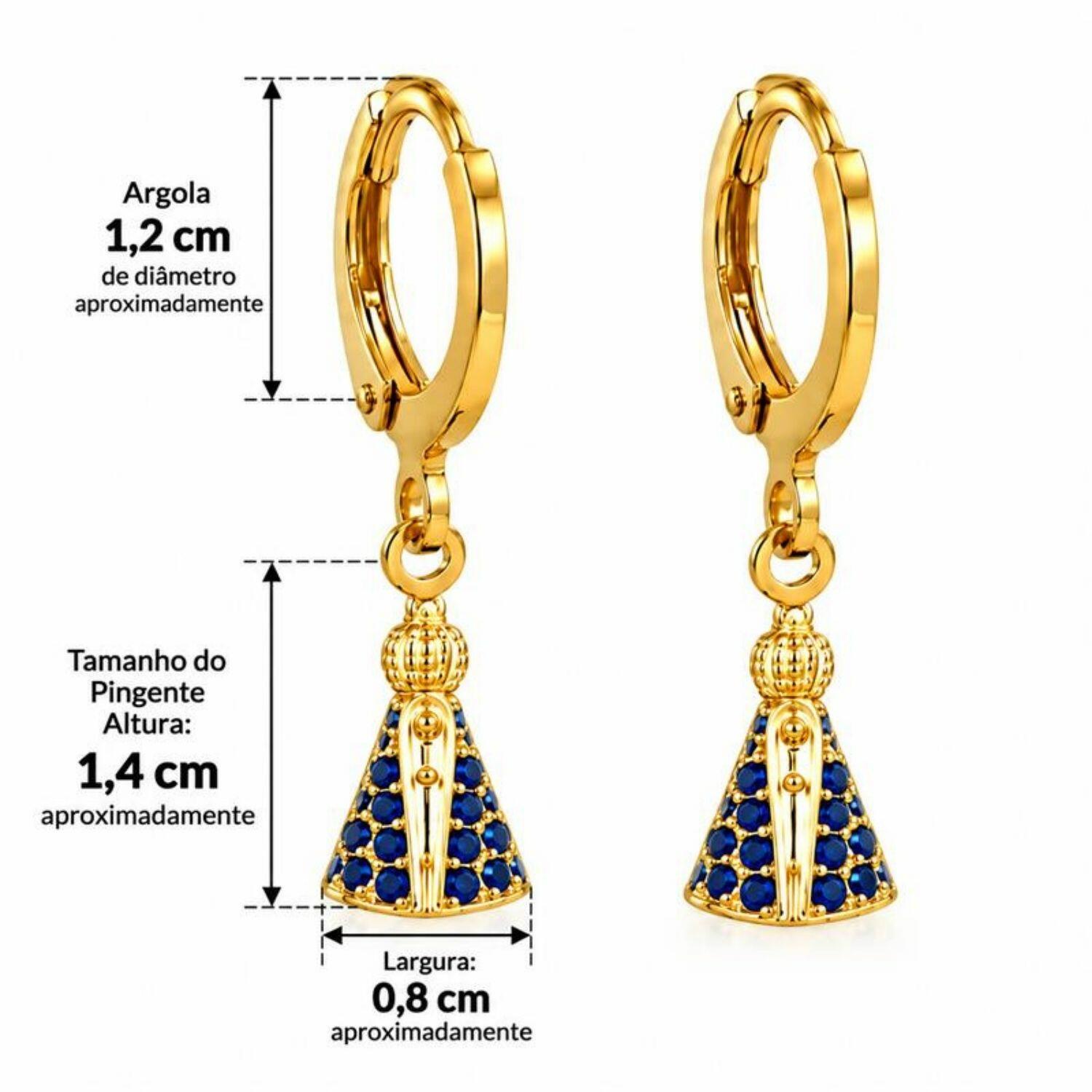 Brinco Argola Nossa Senhora Aparecida Zircônia Azul Banhado a Ouro