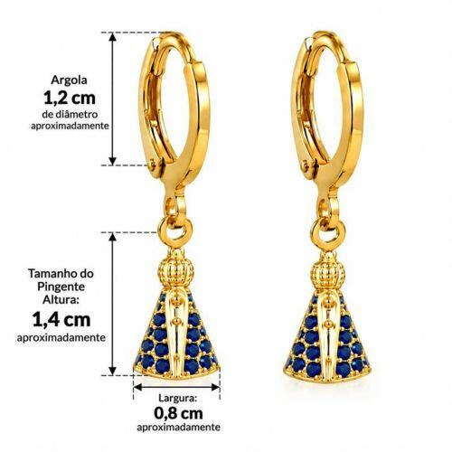 Brinco Argola Nossa Senhora Aparecida Zircônia Azul Banhado a Ouro