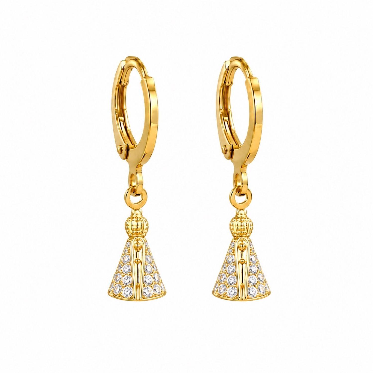 Brinco Argola Nossa Senhora Aparecida Zircônia Cristal Banhado a Ouro