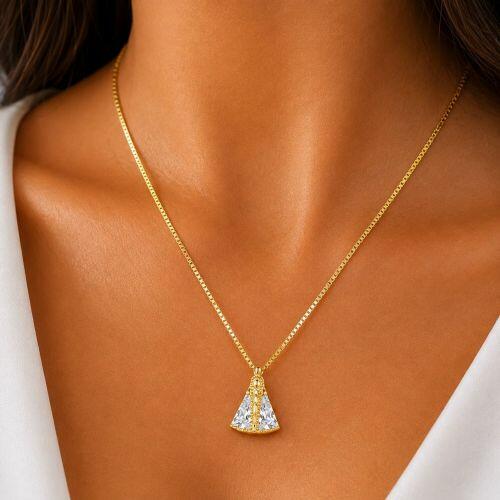 Colar Nossa Senhora Aparecida Zirc�nia Cristal Banhado a Ouro