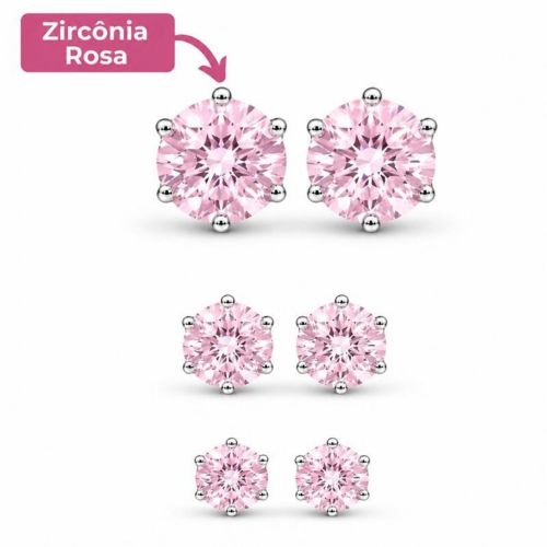 Brinco Trio Ponto de Luz Zircônia Rosa Aço Inox