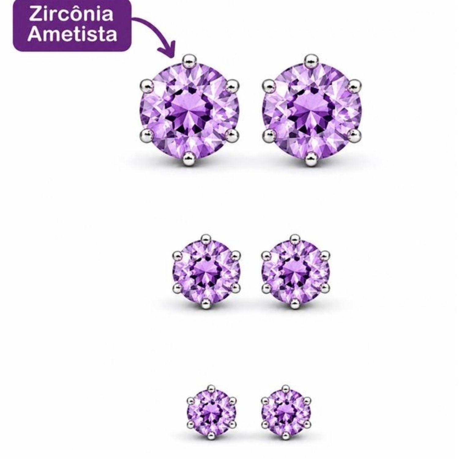Brinco Trio Ponto de Luz Zircônia Ametista Aço Inox