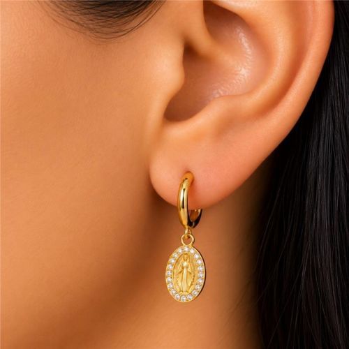 Brinco Argola Nossa Senhora Milagrosa Zircônia Cristal Banhado a Ouro