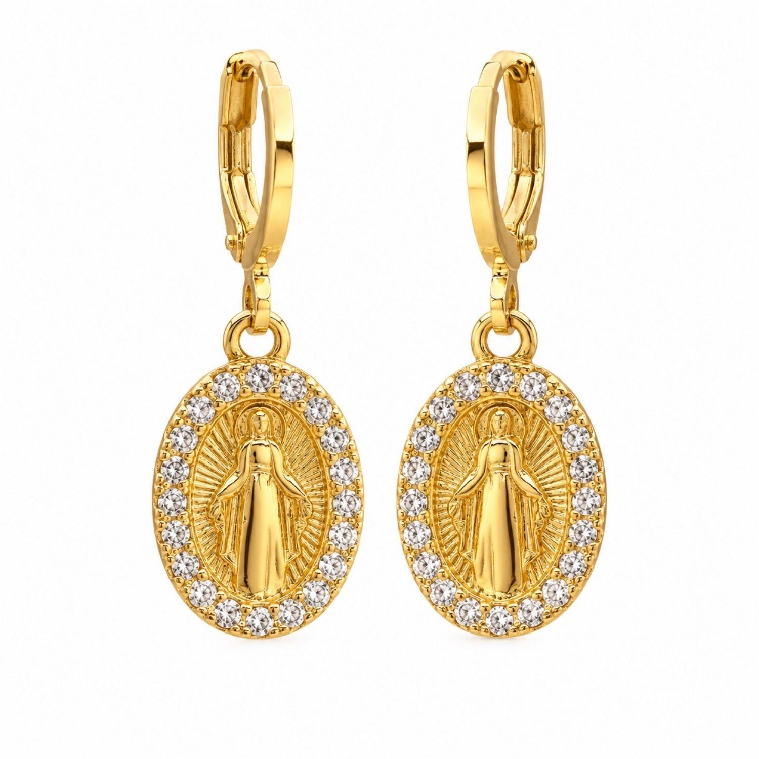 Brinco Argola Nossa Senhora Milagrosa Zircônia Cristal Banhado a Ouro