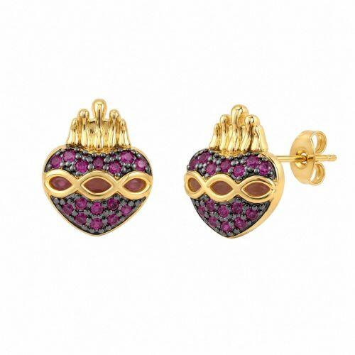 Brinco Sagrado Cora��o Zirc�nia Rosa Banhado a Ouro
