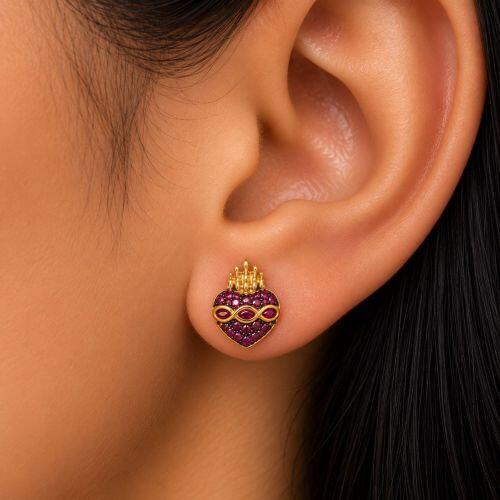 Brinco Sagrado Cora��o Zirc�nia Rosa Banhado a Ouro