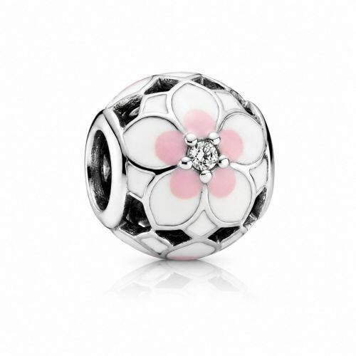 Berloque Separador Bolinha com Flores Resina Branca e Rosa Aço Inox