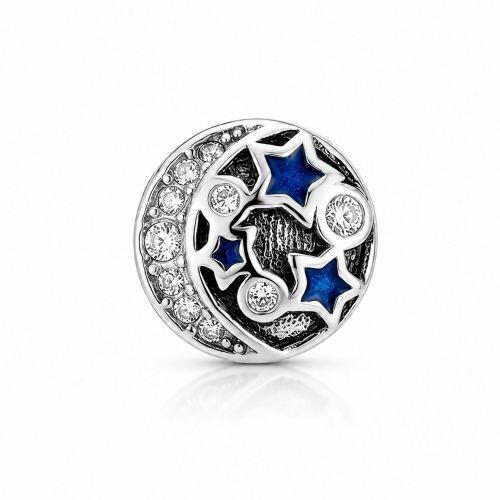 Berloque Separador Lua e Estrelas Micro Zircônia Cristal e Resina Azul Aço Inox