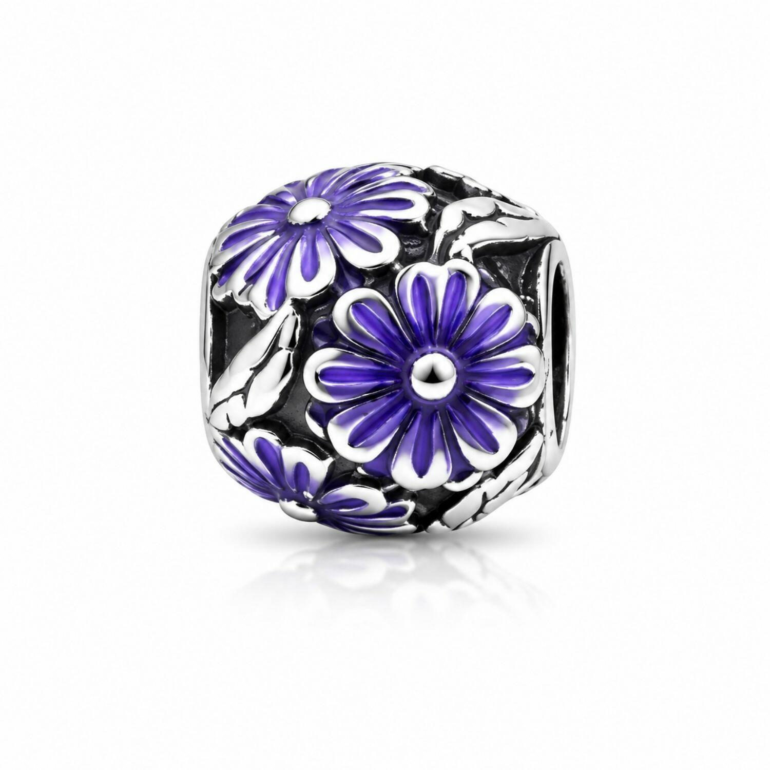 Berloque Separador Flores Resina Lilás Aço Inox
