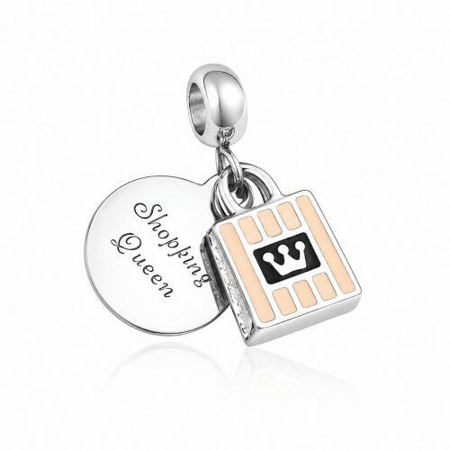 Berloque Bolsa com Resina Rosa e Medalha Shopping Queen A�o Inox