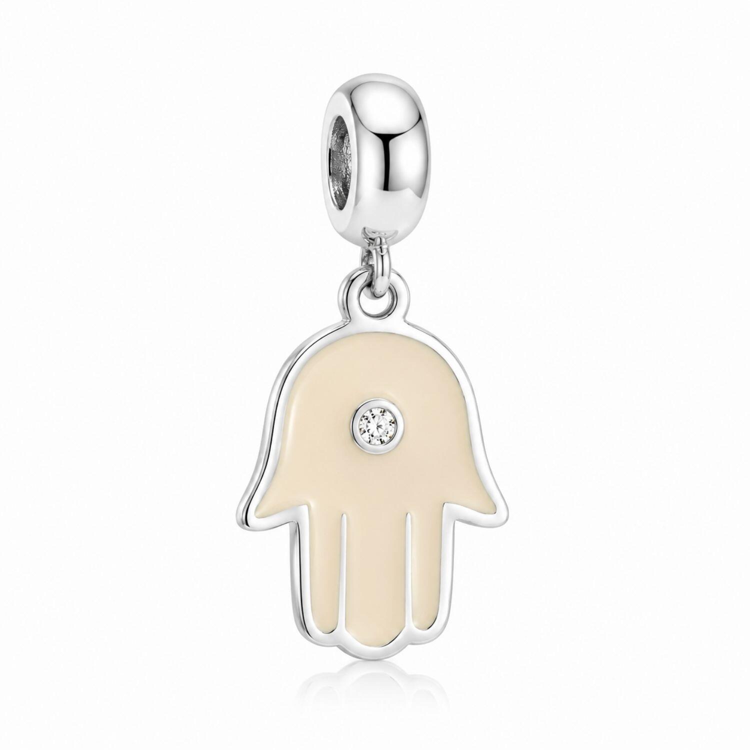 Berloque Mão de Fátima Resina Rosa Claro Aço Inox