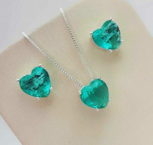 Conjunto Cora��o Zirc�nia Turmalina Banhado a Prata