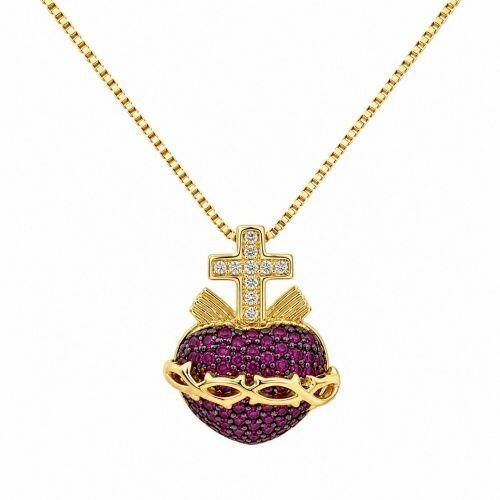 Colar Sagrado Cora��o Zirc�nia Rosa Banhado a Ouro