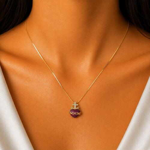 Colar Sagrado Cora��o Zirc�nia Rosa Banhado a Ouro
