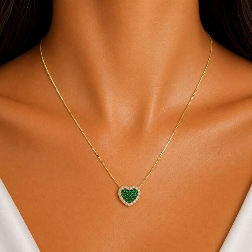 Colar Cora��o Zirc�nia Cristal e Esmeralda Banhado a Ouro