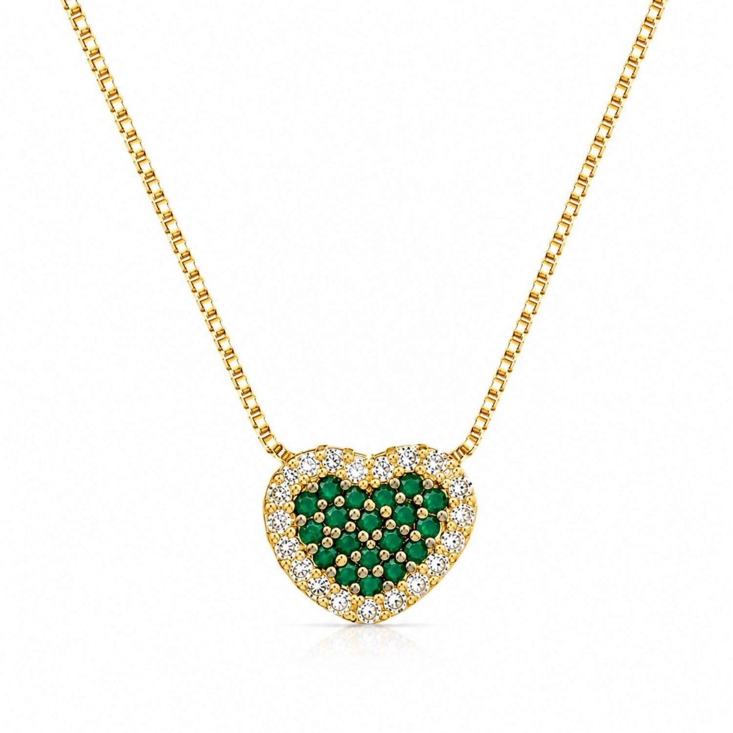Colar Coração Zircônia Cristal e Esmeralda Banhado a Ouro