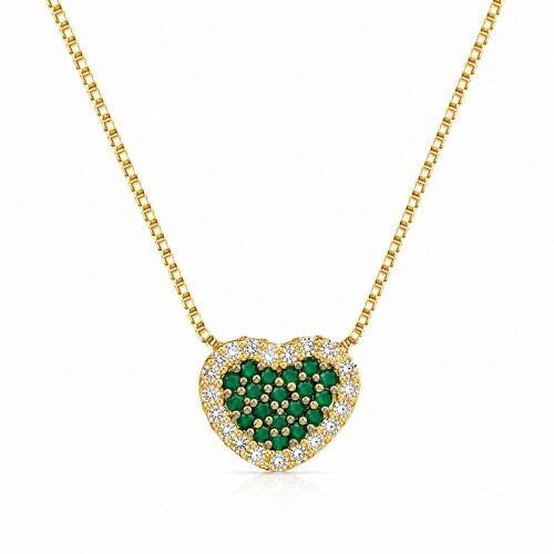 Colar Cora��o Zirc�nia Cristal e Esmeralda Banhado a Ouro