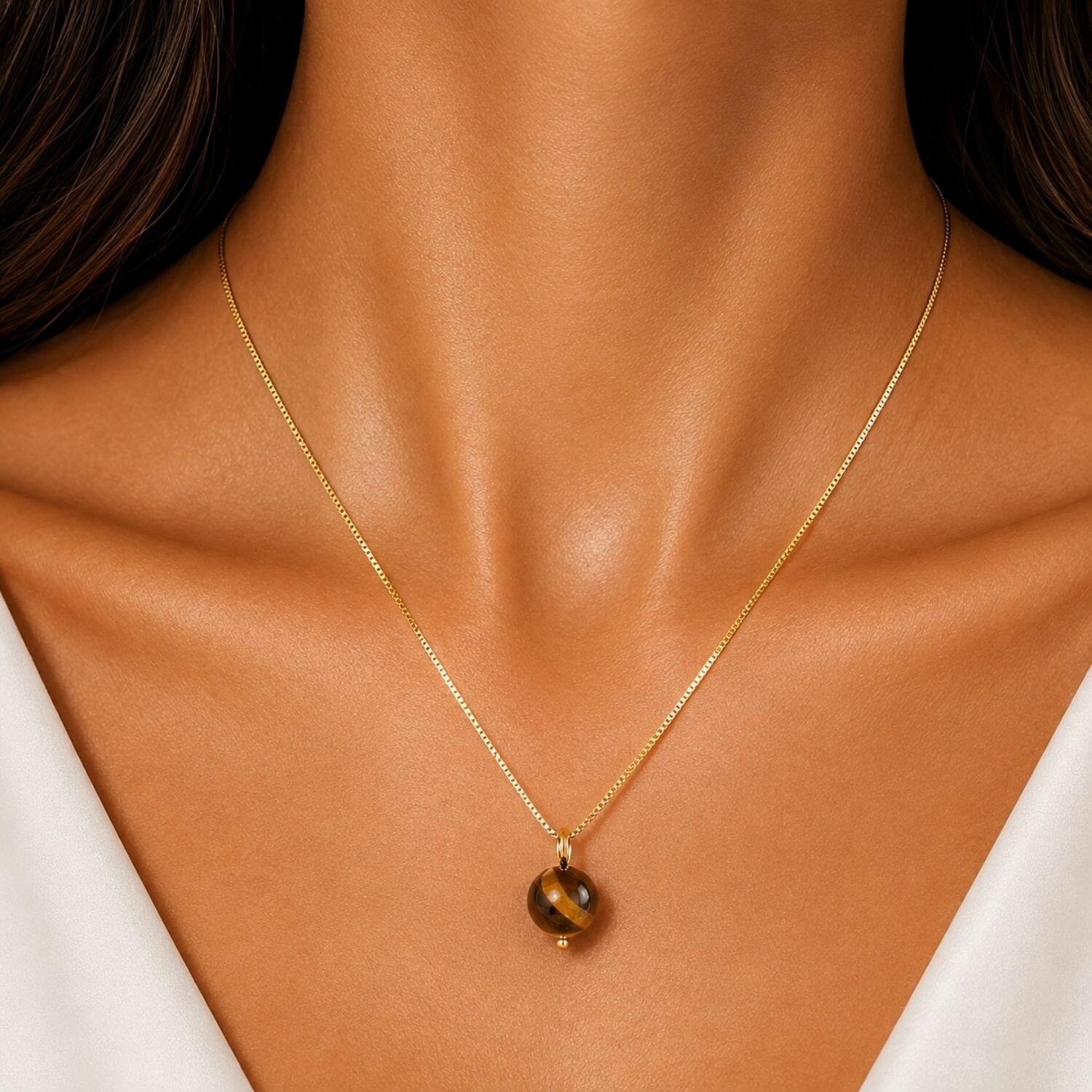Colar Pedra Natural Olho de Tigre Banhado em Ouro 18k