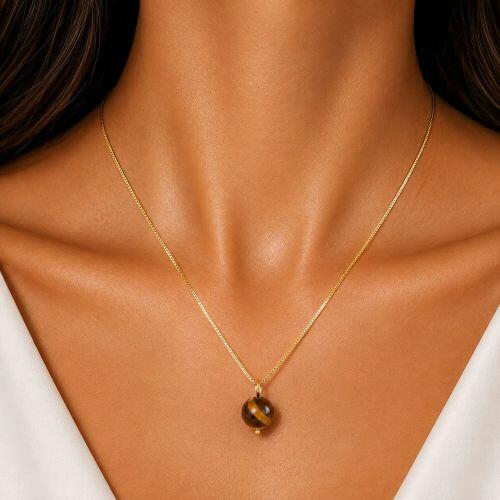 Colar Pedra Natural Olho de Tigre Banhado em Ouro 18k