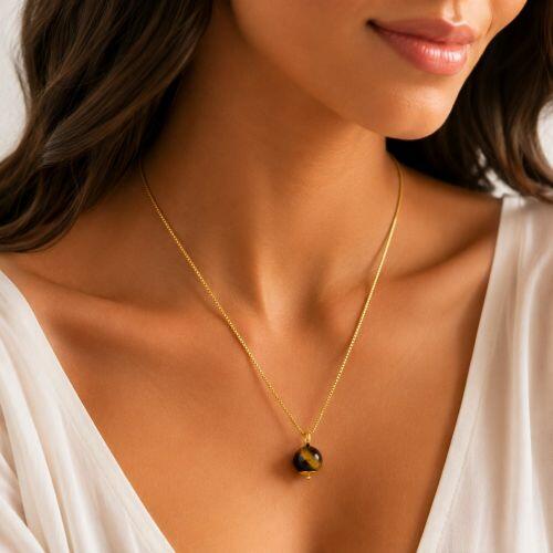 Colar Pedra Natural Olho de Tigre Banhado em Ouro 18k