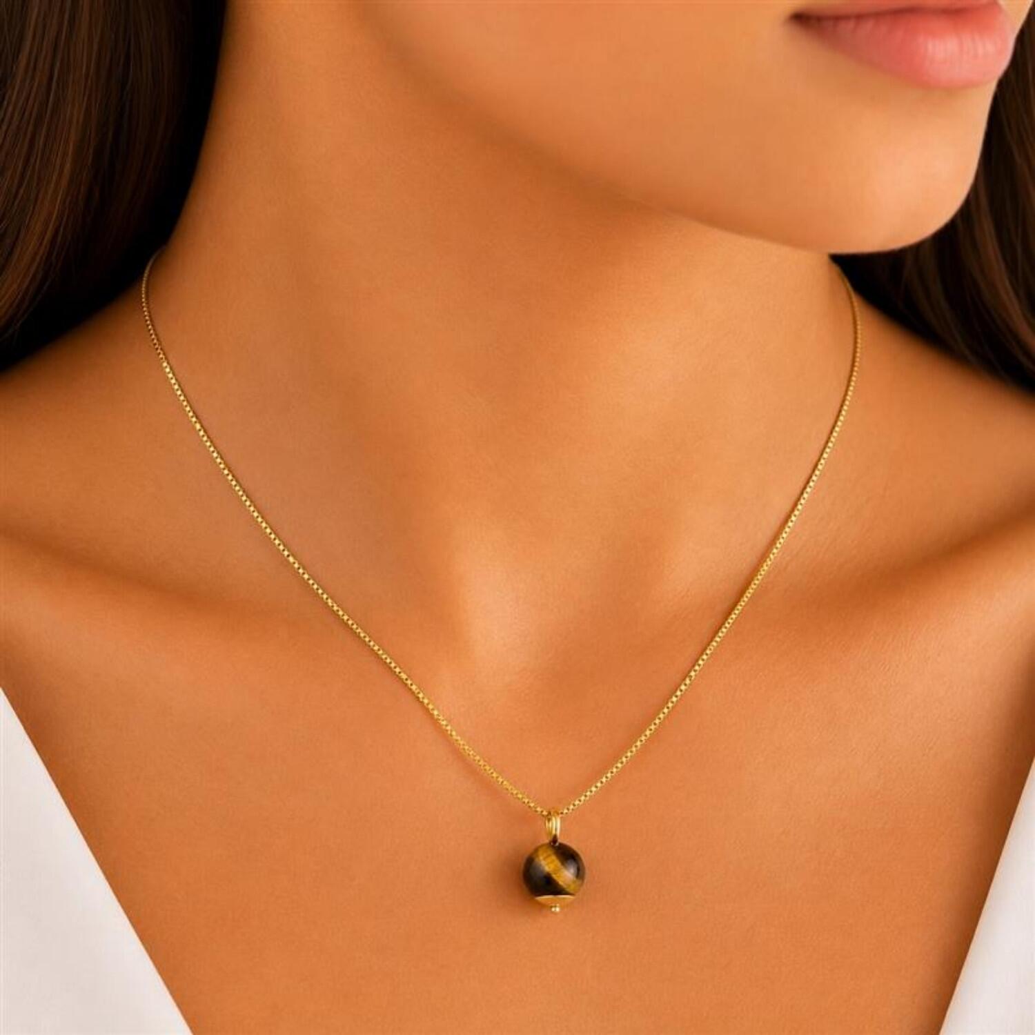 Colar Pedra Natural Olho de Tigre Banhado em Ouro 18k
