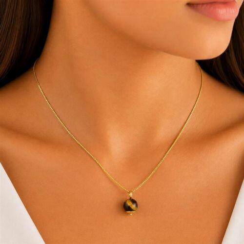 Colar Pedra Natural Olho de Tigre Banhado em Ouro 18k