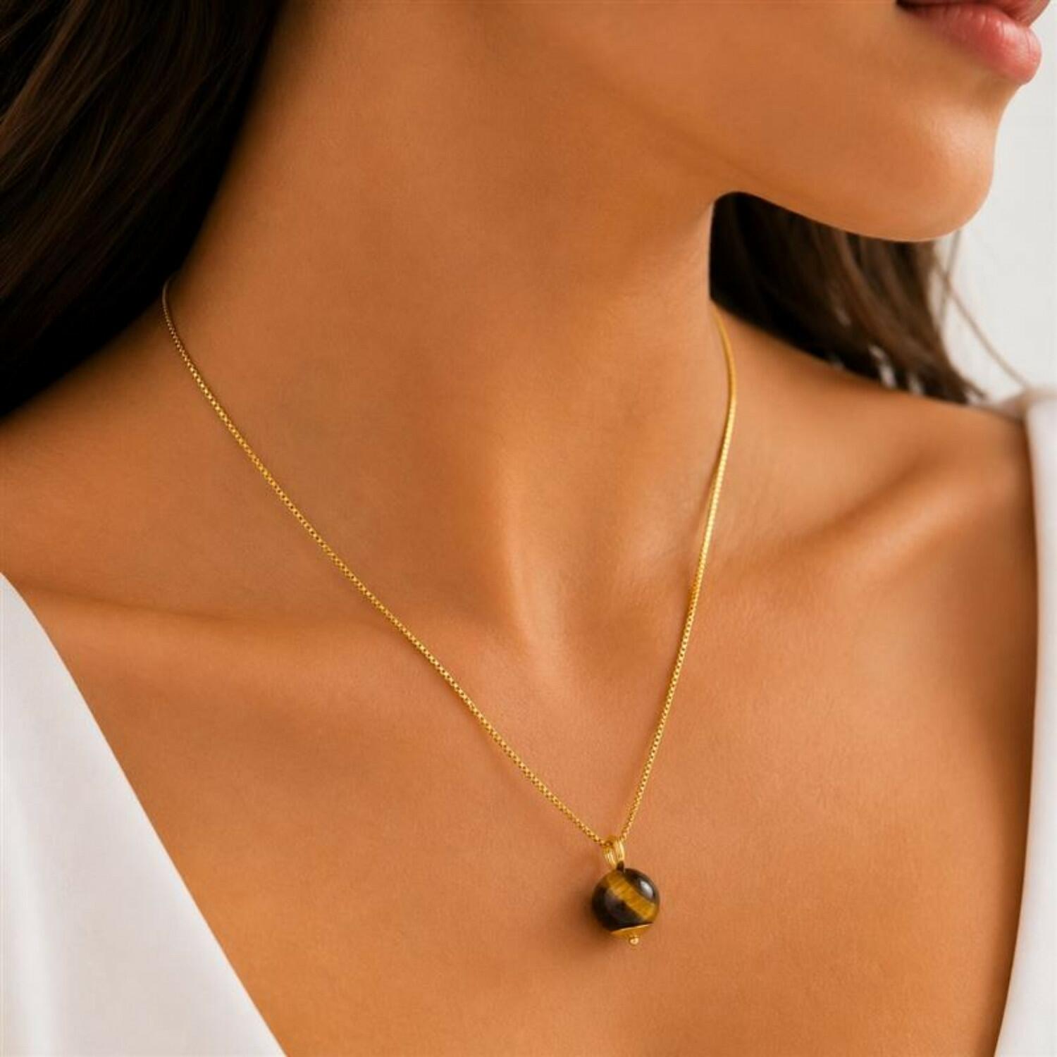 Colar Pedra Natural Olho de Tigre Banhado em Ouro 18k