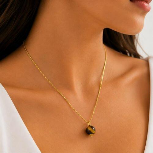 Colar Pedra Natural Olho de Tigre Banhado em Ouro 18k