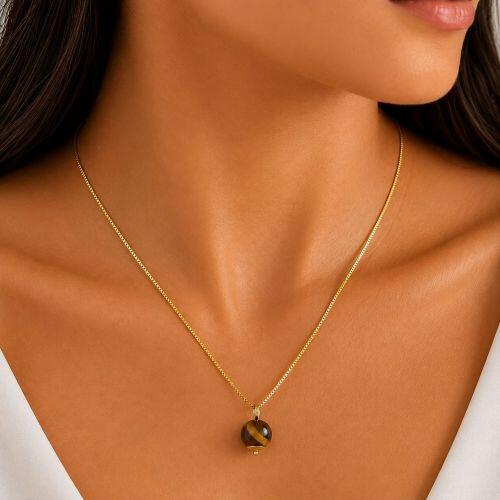 Colar Pedra Natural Olho de Tigre Banhado em Ouro 18k