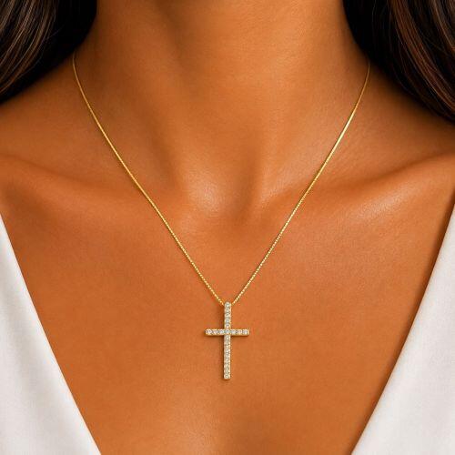 Colar Cruz 3.0 cm Micro Zirc�nia Cristal Banhado a Ouro