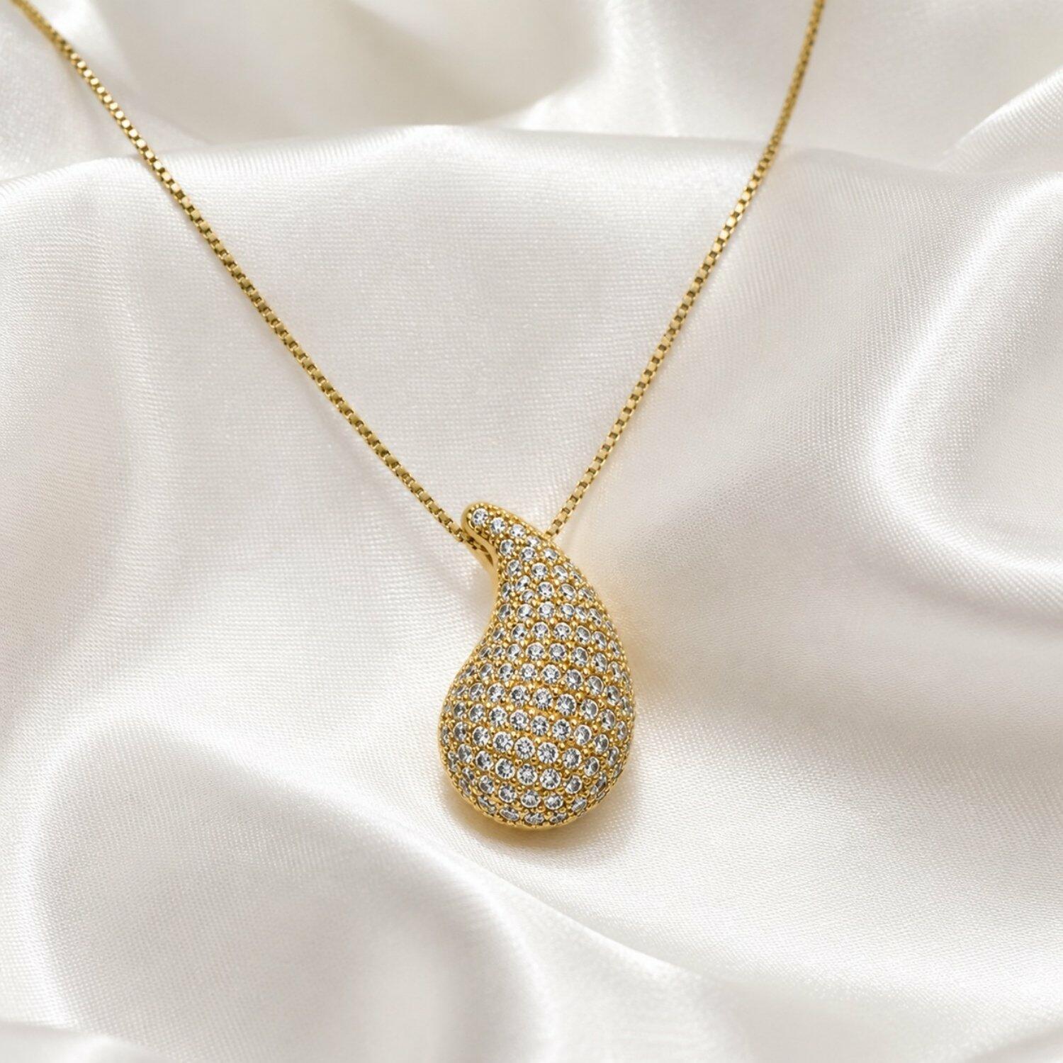 Colar Gota Bold Abaulada Micro Zircônia Cristal Banhado a Ouro
