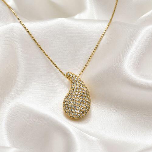 Colar Gota Bold Abaulada Micro Zircônia Cristal Banhado a Ouro