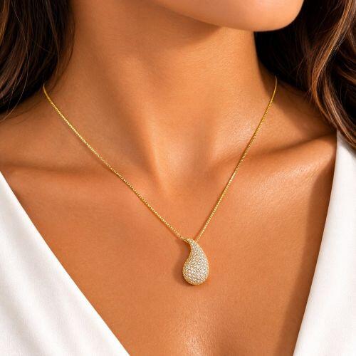Colar Gota Bold Abaulada Micro Zircônia Cristal Banhado a Ouro