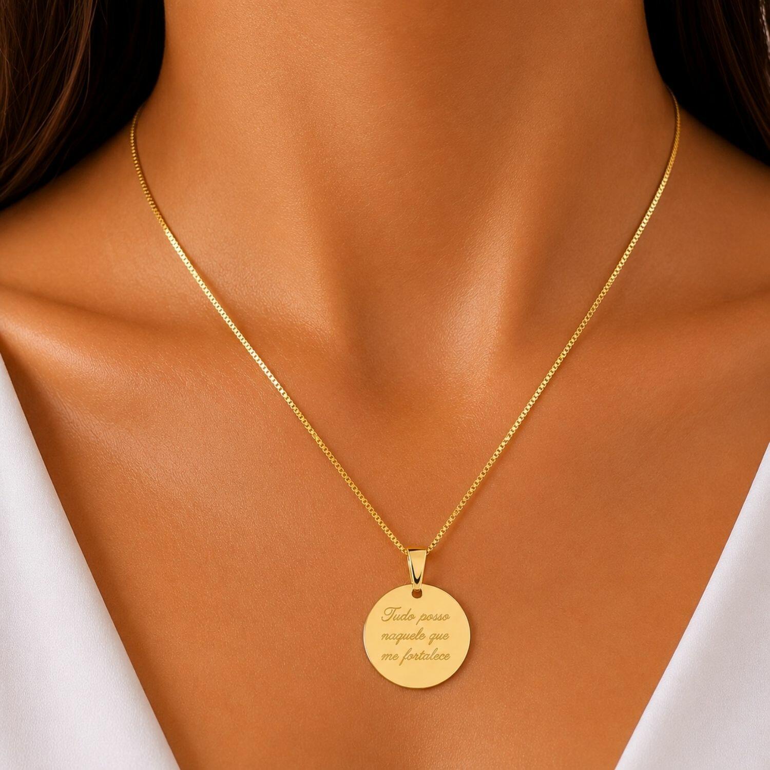 Colar Pingente Tudo Posso Naquele que Me Fortalece Banhado em Ouro18k