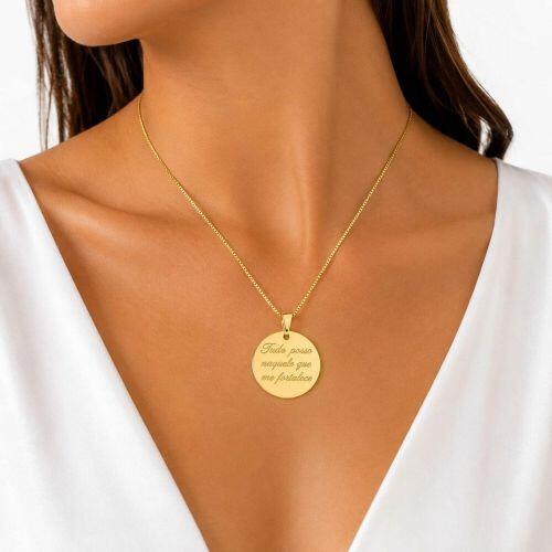 Colar Pingente Tudo Posso Naquele que Me Fortalece Banhado em Ouro18k