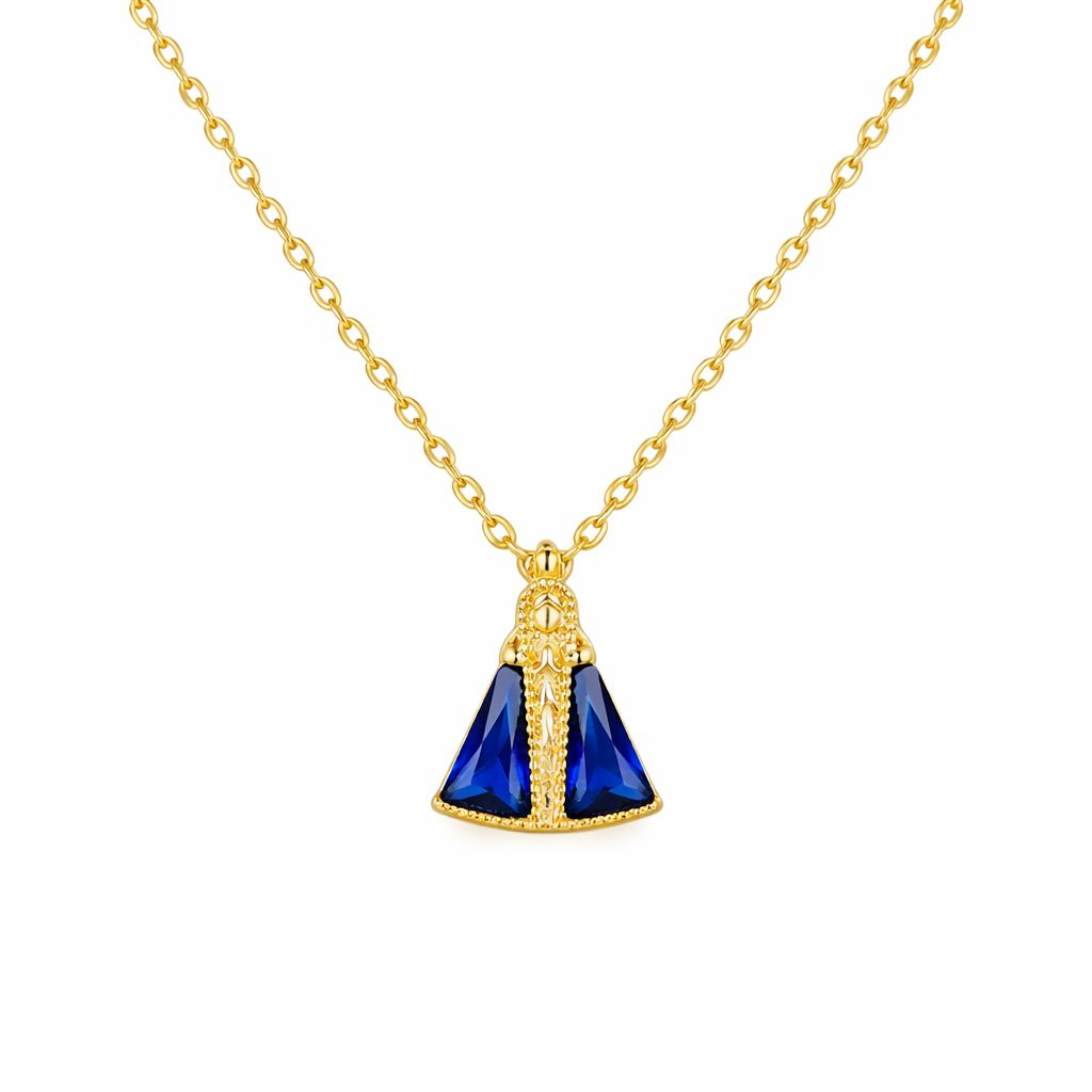 Colar 40 cm Nossa Senhora Aparecida Zircônia Azul Safira Banhado a Ouro