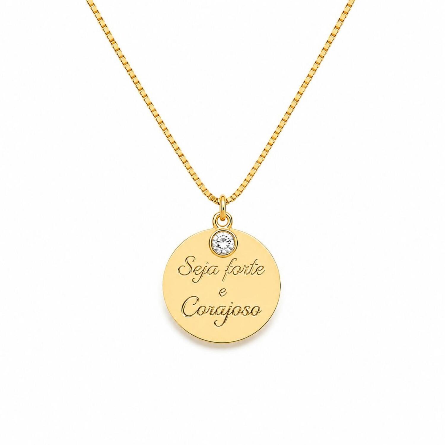 Colar Seja Forte e Corajosa com Ponto de Luz Banhado em Ouro 18k