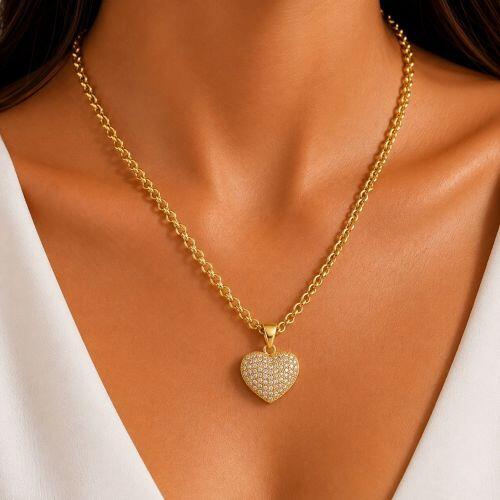 Colar Elo Portugu�s com Cora��o Micro Zirc�nia Cristal Banhado a Ouro