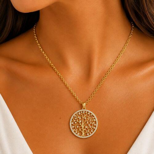 Colar Elo Portugu�s com �rvore da Vida Banhado a Ouro
