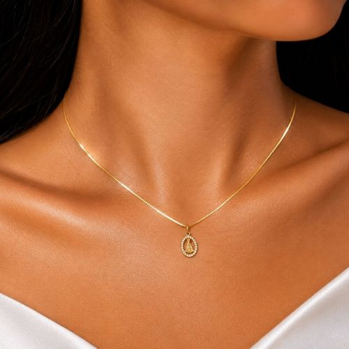 Colar com Mini Nossa Senhora Aparecida Zircônia Cristal Banhado a Ouro