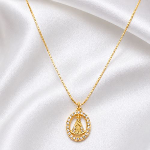 Colar com Mini Nossa Senhora Aparecida Zircônia Cristal Banhado a Ouro