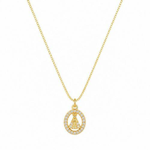 Colar com Mini Nossa Senhora Aparecida Zirc�nia Cristal Banhado a Ouro