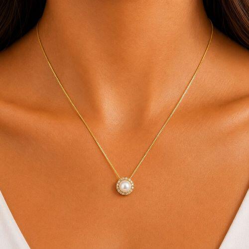 Colar P�rola Micro Zirc�nia Cristal Banhado a Ouro