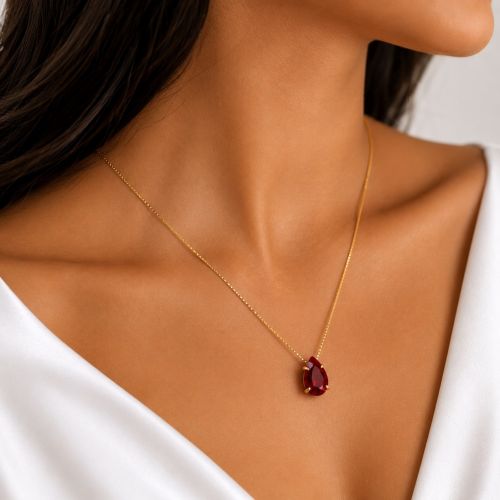 Colar Gota Zircônia Rubi Banhado a Ouro