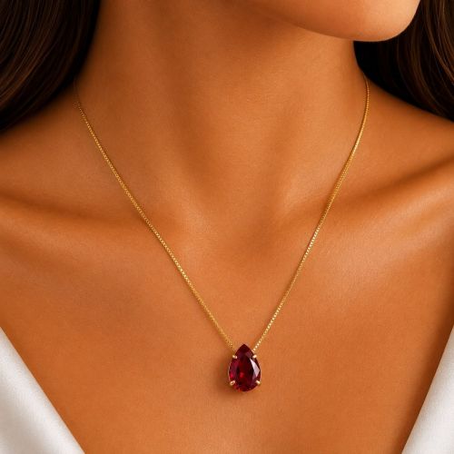Colar Gota Zircônia Rubi Banhado a Ouro