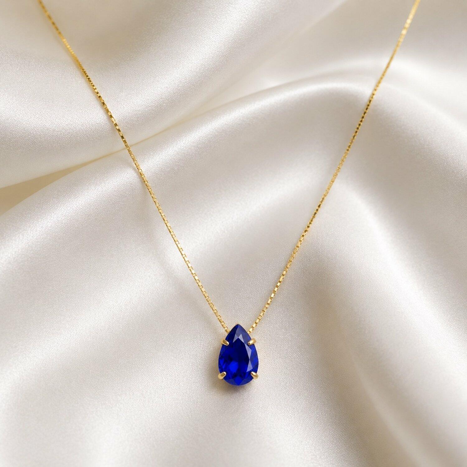 Colar Gota Zircônia Azul Safira Banhado a Ouro