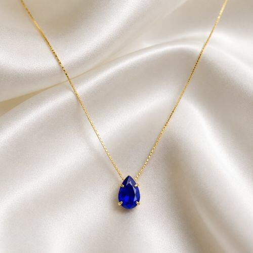 Colar Gota Zircônia Azul Safira Banhado a Ouro