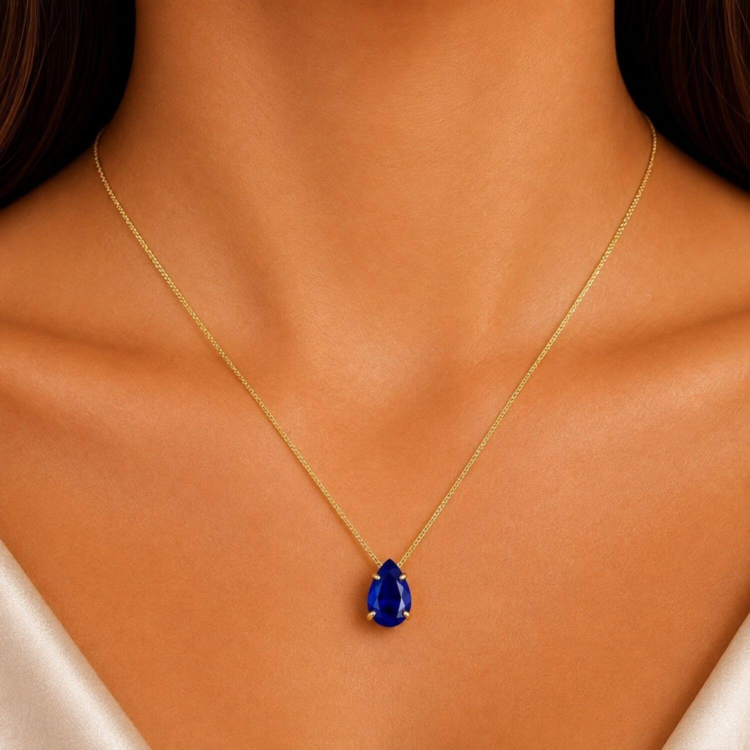 Colar Gota Zircônia Azul Safira Banhado a Ouro