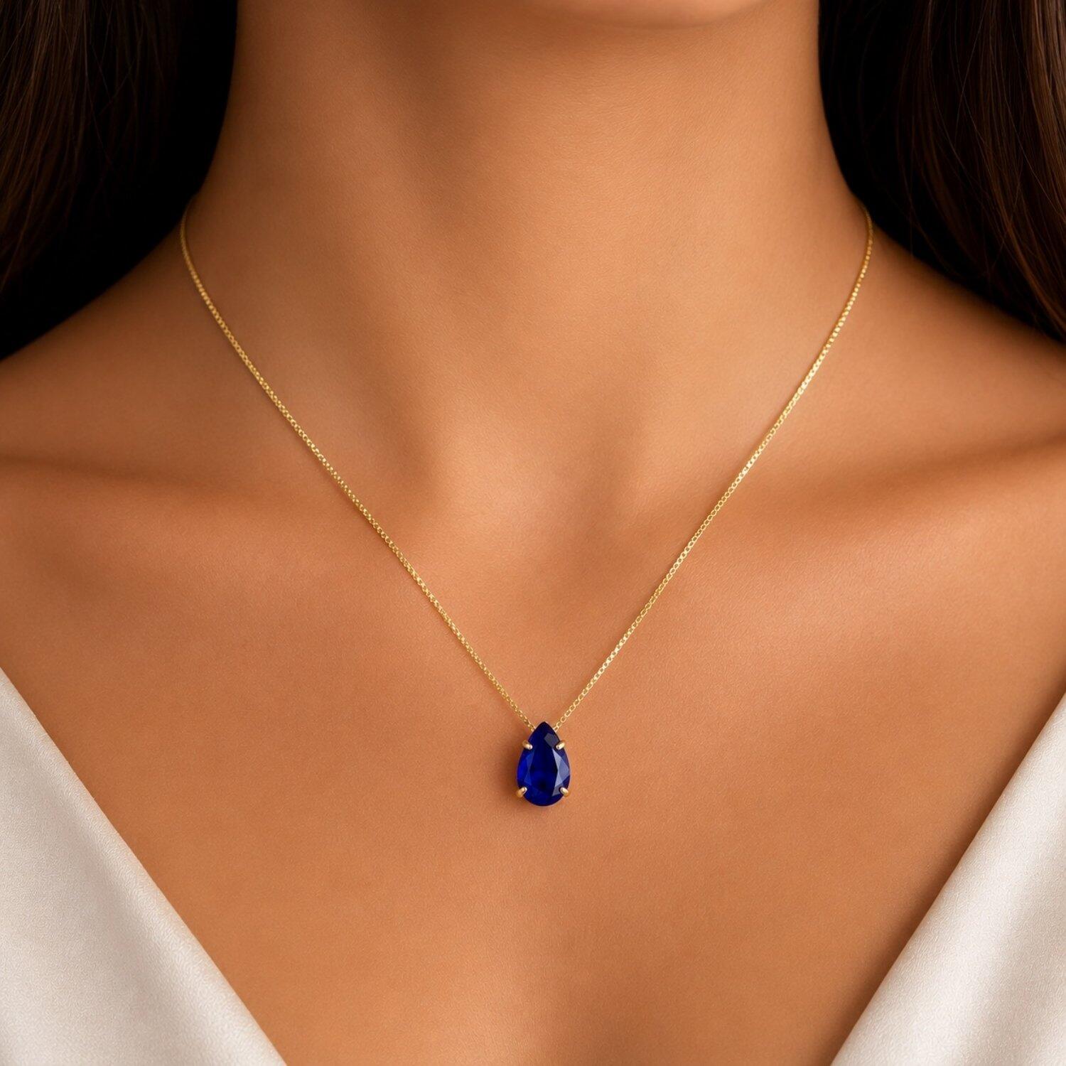Colar Gota Zircônia Azul Safira Banhado a Ouro